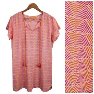 Oliphant Cotton Geometric Chevron Print Tunic Top Large Orange Pink Lightweight